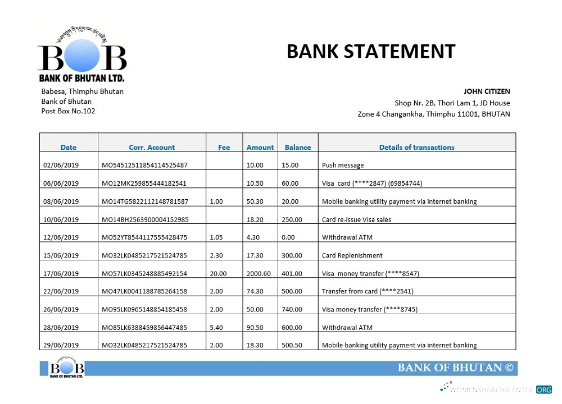 Download Bhutan Bank of Bhutan bank statement word